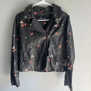 WHO WHAT WEAR faux black leather jacket Size Small Floral biker Moto jacket